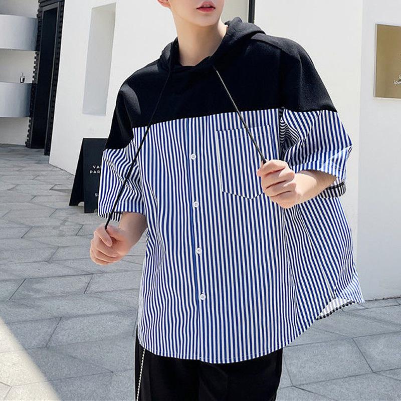 New Summer Fashion High-end Personalized Design Feeling Loose Casual Oversized Striped Printed Short Sleeved Hooded Shirt