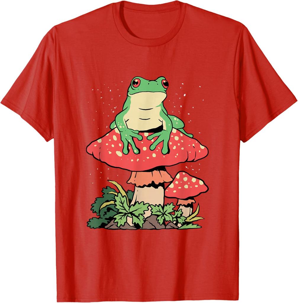 Frog on Mushroom Cottagecore Aesthetic Graphic Tee Men Casual Summer Trip T-Shirt