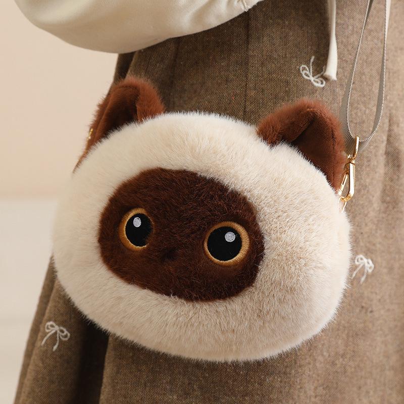 Borsa a tracolla in peluche gatto nero tricolore - Borsa a spalla carina, versatile e regalo di compleanno.