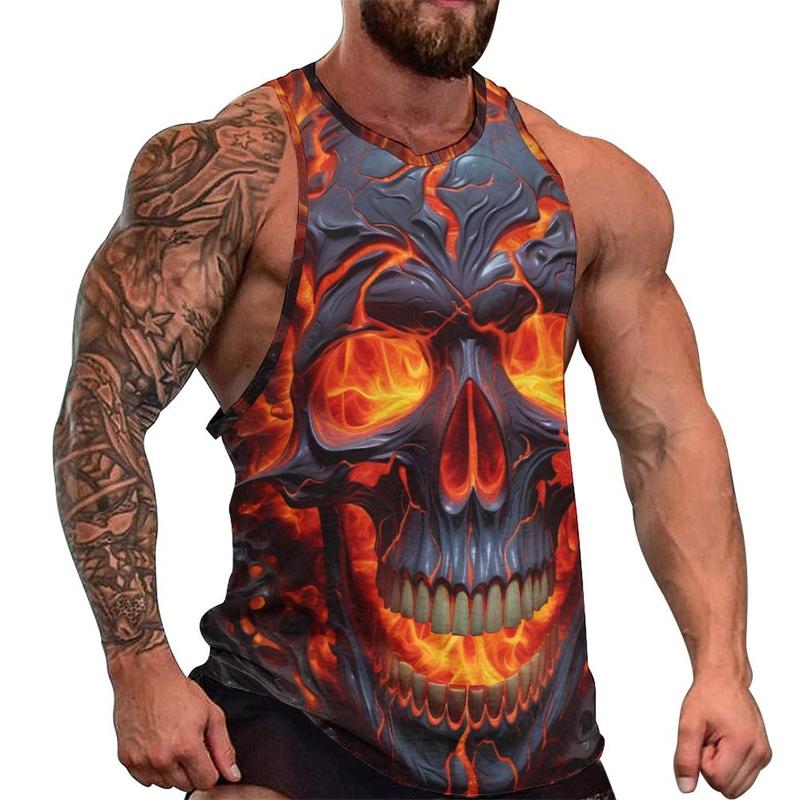 Summer Round Neck 3D Fashion Skull Printed Top Fashionable Casual Hip-hop Sleeveless Vest Men's T-shirts