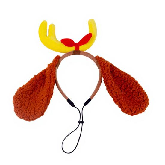Dog Antler Headband Christmas Pet Costume Hairband Adjustable Headband with Bow Floppy Ears for Medium Large Dogs Holiday Party Dress-up
