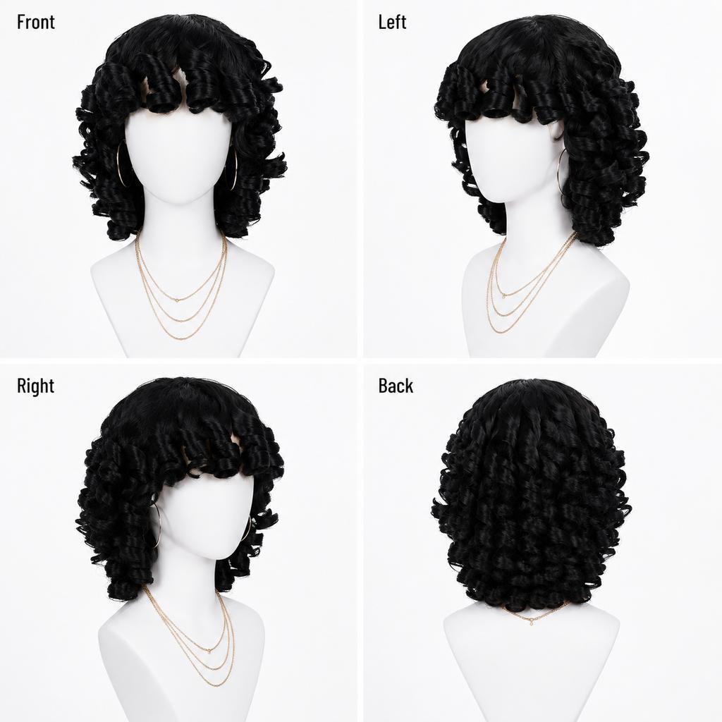 Direkt vom Hersteller Kurze Schwarze Jerry Locken Perücke Mit Pony Hitzebeständig Synthetisches Haar Damen Verstellbar Natürlicher Haaransatz Kleberlos Täglich