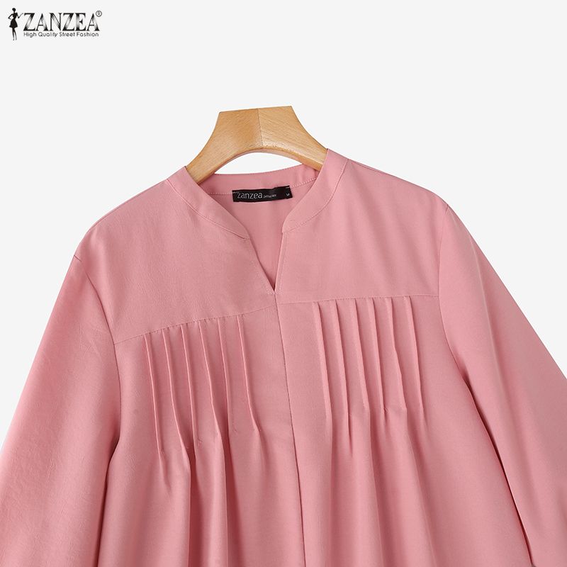 ZANZEA Kobiety Casualowy Okrągły Dekolt Jednolity Kolor Luźna Bluzka z Długim Rękawem