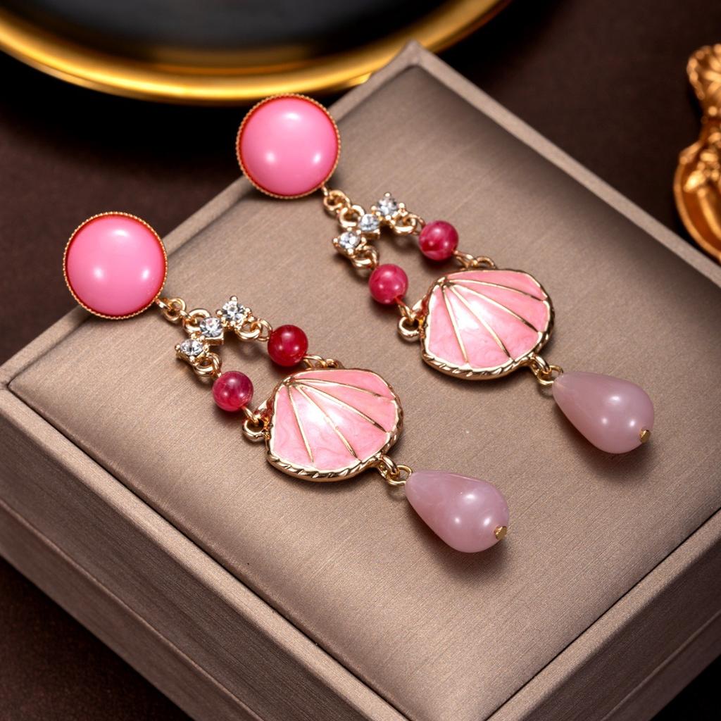 Shell shape splicing pink water drop stacking round stud earrings metal gold-plated design earrings