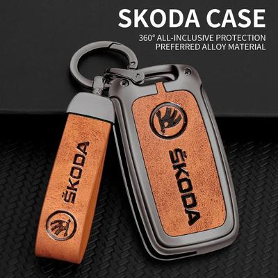 Funda de aleación de zinc para llave de coche para Octavia A5 A7 Fabia Superb Kodiaq Karoq Carcasa protectora de cuero Soporte para llavero Accesorios