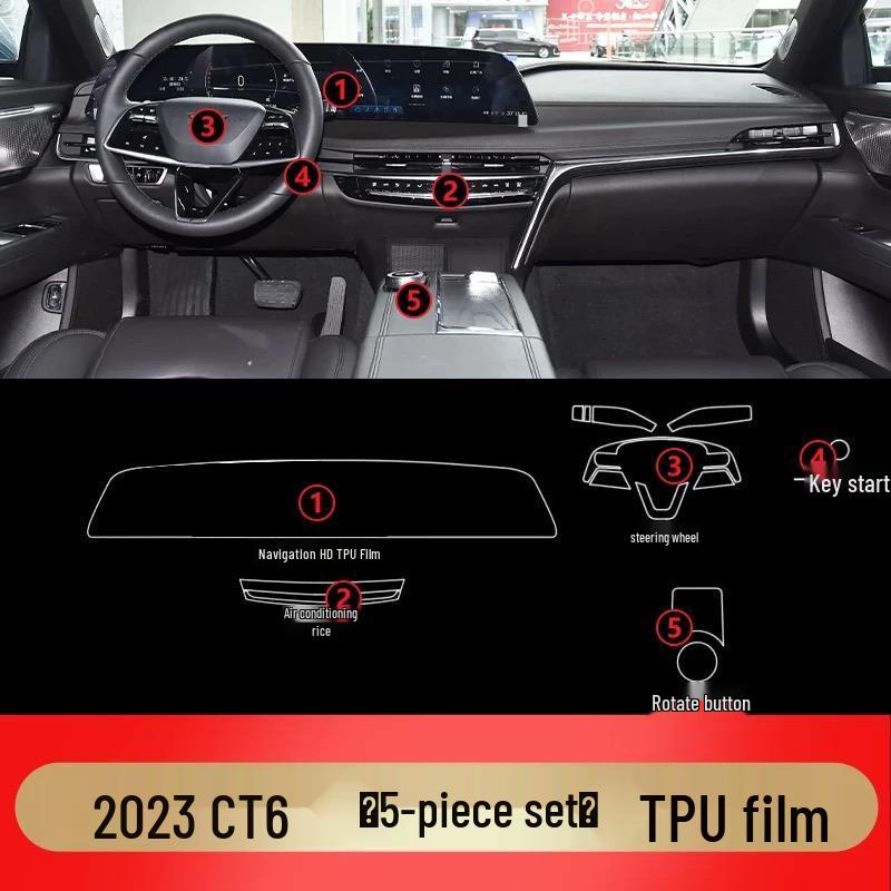 New Cadillac CT6 Interior TPU Protective Film: Center Console, Gear Shift, and Navigation.