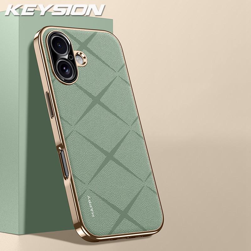 KEYSION Luxury Grid Pattern PU Leather Case for iPhone 17 Pro Max Plating TPU Camera Protection Phone Cover for iPhone 17 Air