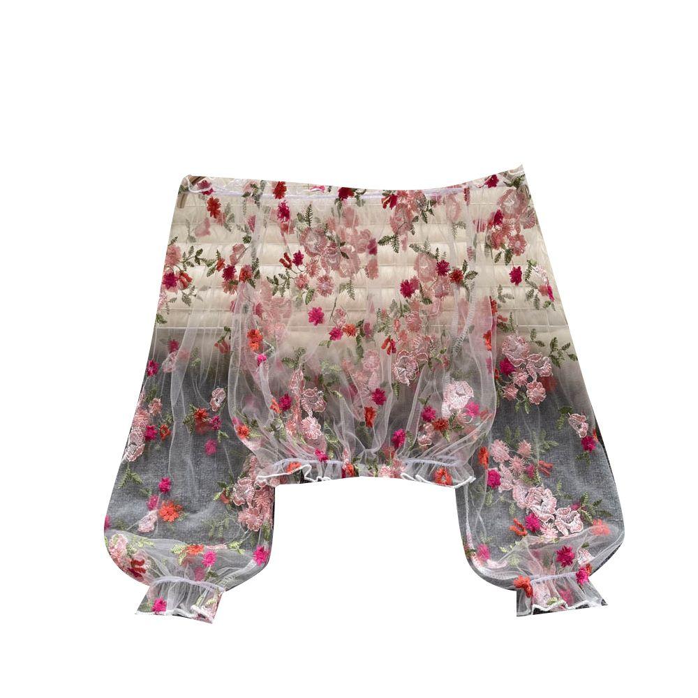 Chemisier à épaules dénudées pour femme, haut à manches longues lanterne, pull en dentelle transparente, chemisier à fleurs, chemisiers