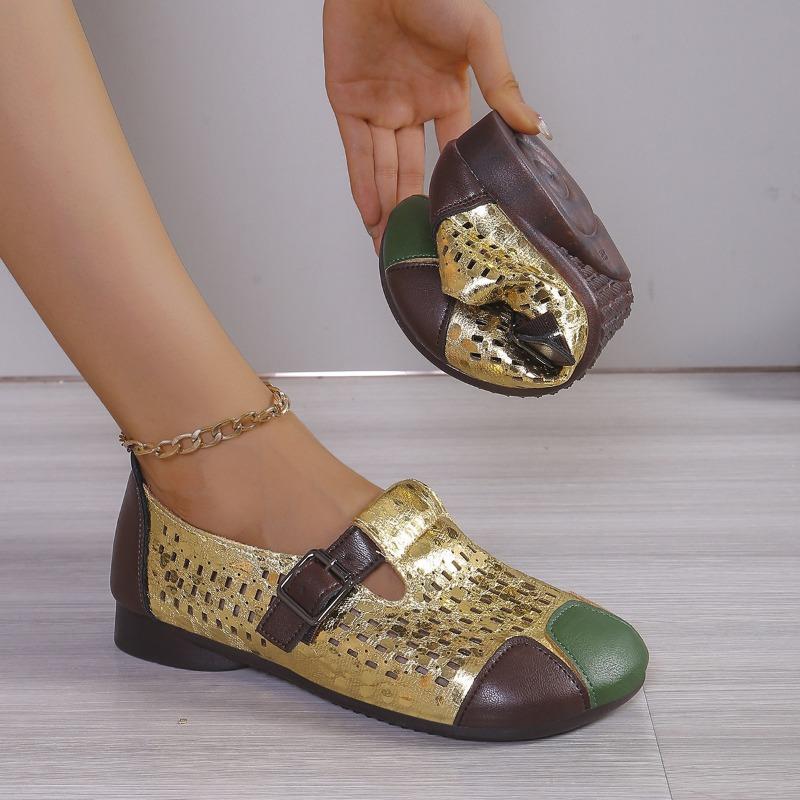 Chaussures de maman d'âge moyen en tendon de vache grande taille pour femmes, chaussures creuses à fond plat, confortables et décontractées