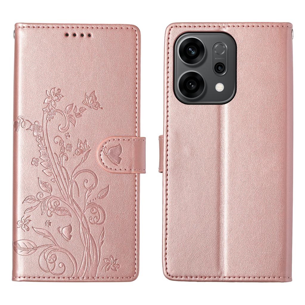 For Oppo Reno14 F 5G Wallet Case Butterfly Floral Imprint PU Leather Phone Cover with Wrist Strap