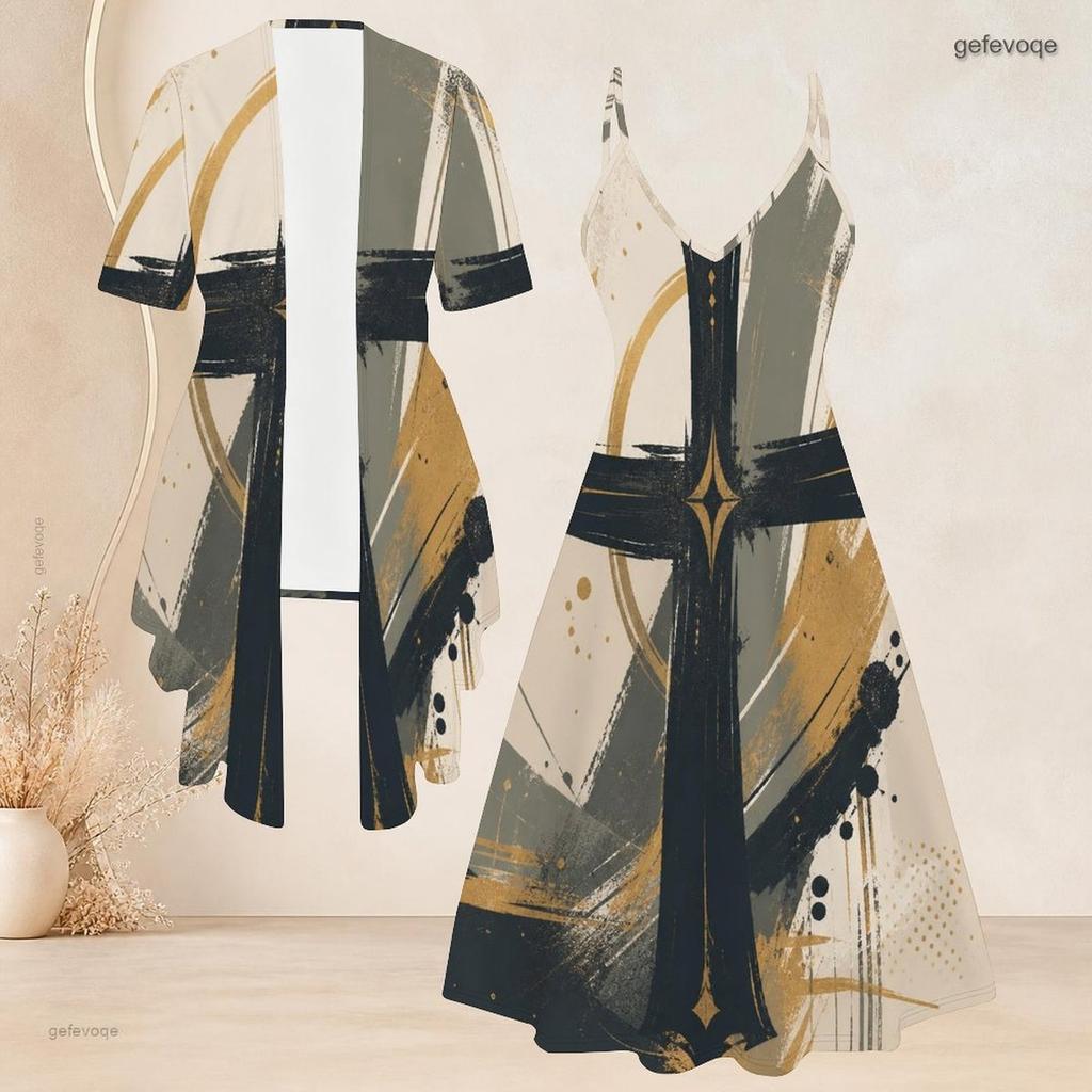 Women Plus Size Two Piece Set Short Sleeve Open Cardigan V Neck Strappy Flared Printed Dress Red Blue White