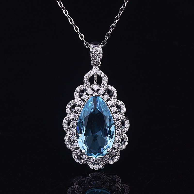 

European & American Luxury Sea Blue Topaz Water Drop Pendant Necklace White Gold Cross Chain [45cm]
