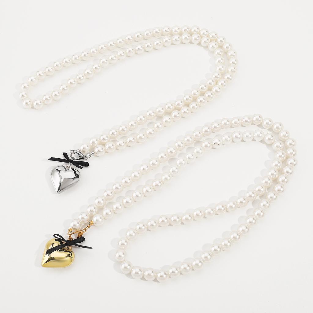 Women European Sweet Ins Style Ribbon Bow Love Pearl Necklace For Women Minimalist Design Layered Clavicle Necklace