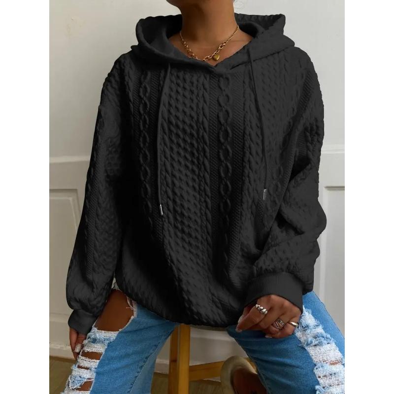 Women's Casual Top, Solid Color Textured Long Sleeve Drawstring Loungewear Hoodie