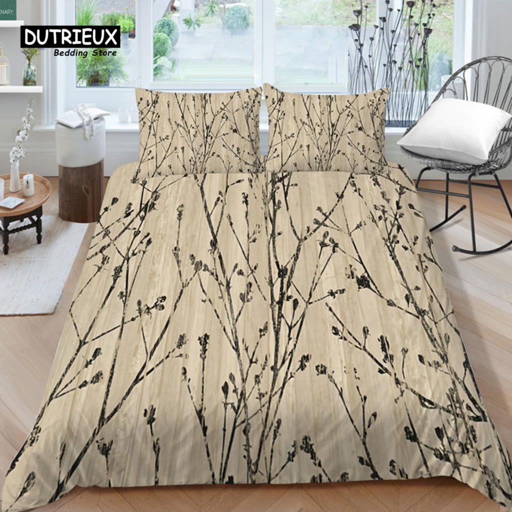 Gradient Color Duvet Cover Woodland Botanical Bedding Set Nature Rustic Tree Branch Leaf Comforter Cover Queen For Kids Adults