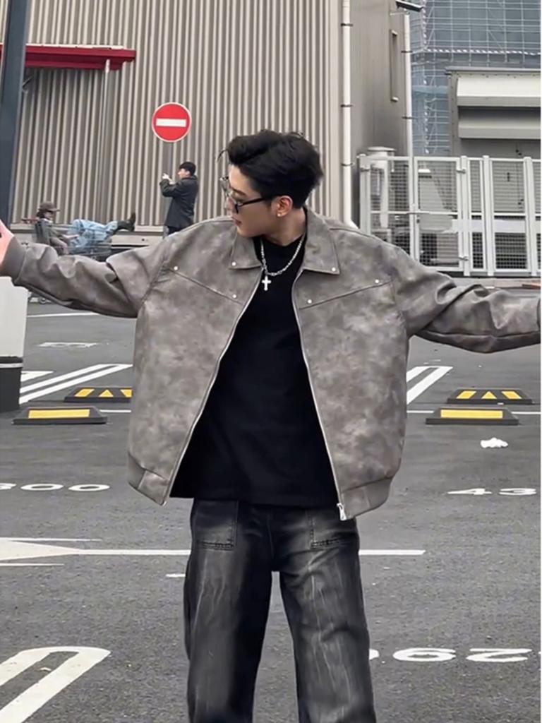 Cleanfit gray short leather jacket American ruffian handsome high-end men's vintage lapel locomotive leather jacket