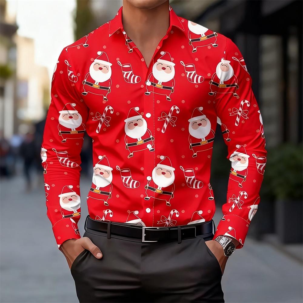 Weihnachten Langarmhemd Kragen Herren Button-Up Hemd Herbst Weihnachten Schneemann 3D-Druck Langarm Herren Feiertagsparty Oberteile
