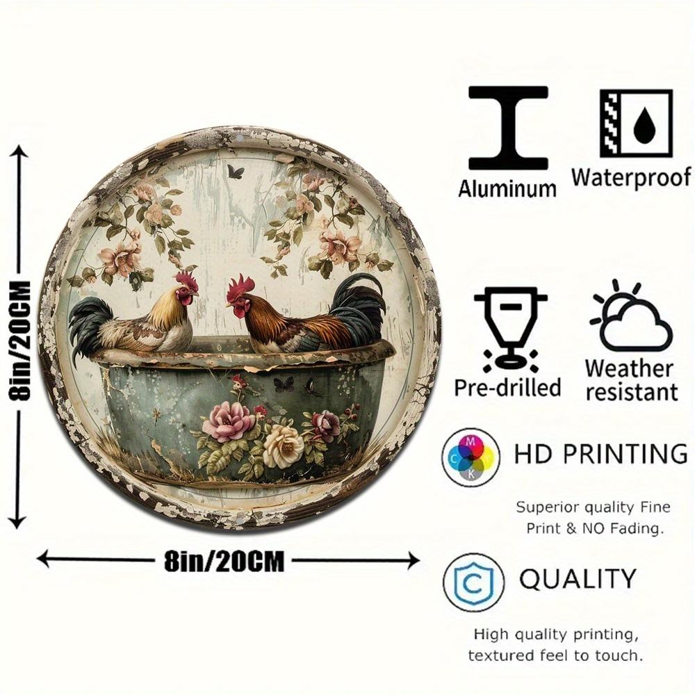 1pc, Chicken Theme Wreath Sign (8x8 Inches), Round Bathroom Aluminum Metal Decorative Sign, Suitable for Home, Cafe, Apartment
