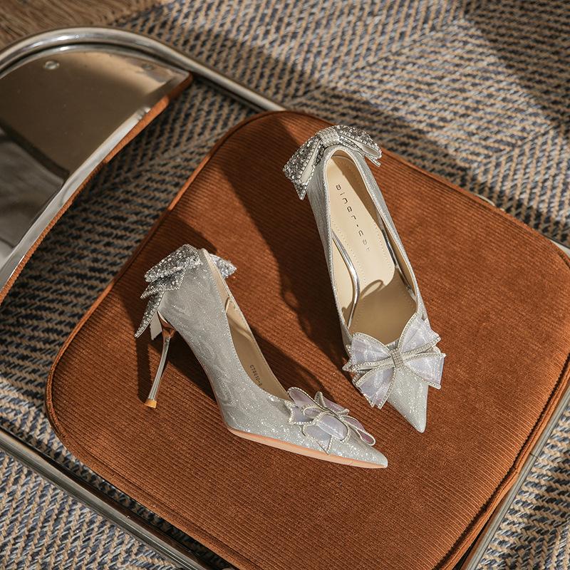 

860-3 high heels women s thin heels spring 2025 new crystal wedding shoes pointed rhinestone bow single shoes 39