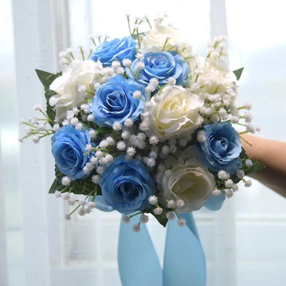 Romantic Wedding Bouquet Artificial Roses with Silk Ribbon Bride Holding Flowers Real Touch Multi-functional Mariage Bouquet