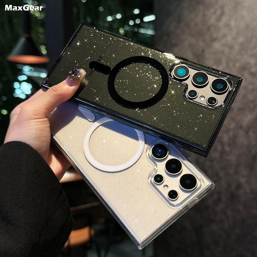 Glitter For Magsafe Magnetic Case For Samsung S22 S23 S24 FE S25 Plus Ultra Wireless Charge Transparent Acrylic Cover