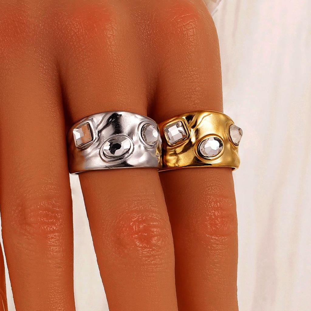 18K Gold-Plated Retro Geometric Crystal Open Ring for Women - Diamond Inlaid, Stainless Steel Jewelry