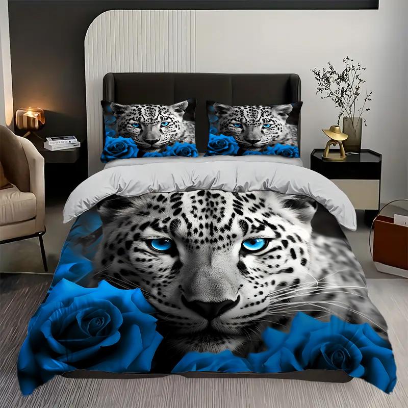 

Blue Roses Leopard pattern 3D Printed Duvet Cover Soft Comfortable Luxury Bedding Set Wildlife Theme Quilt Cover Set Pillowcases 135x200cm 2pcs