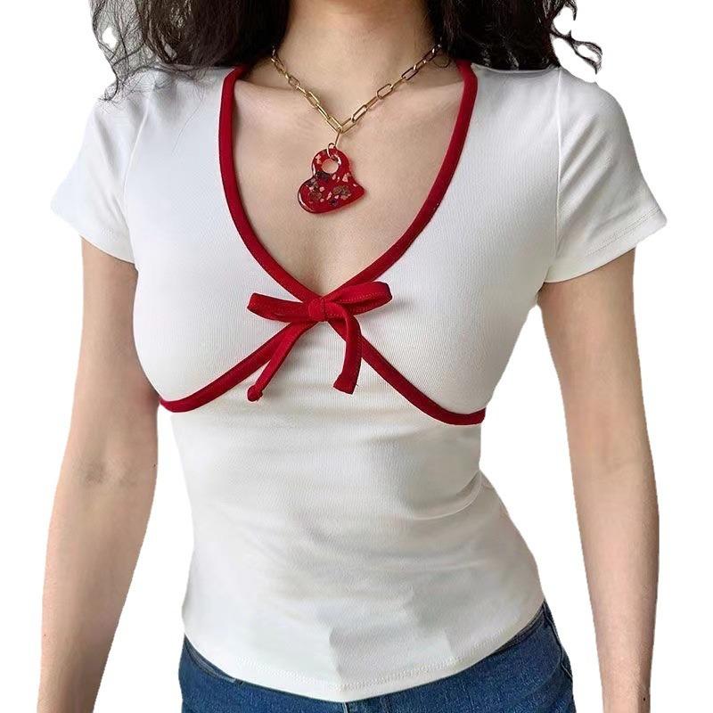 Versiune Coreeană Tricou cu Mânecă Scurtă Slim și Subțire pentru Femei Vară Nou Top Scurt cu Guler V Contrastant