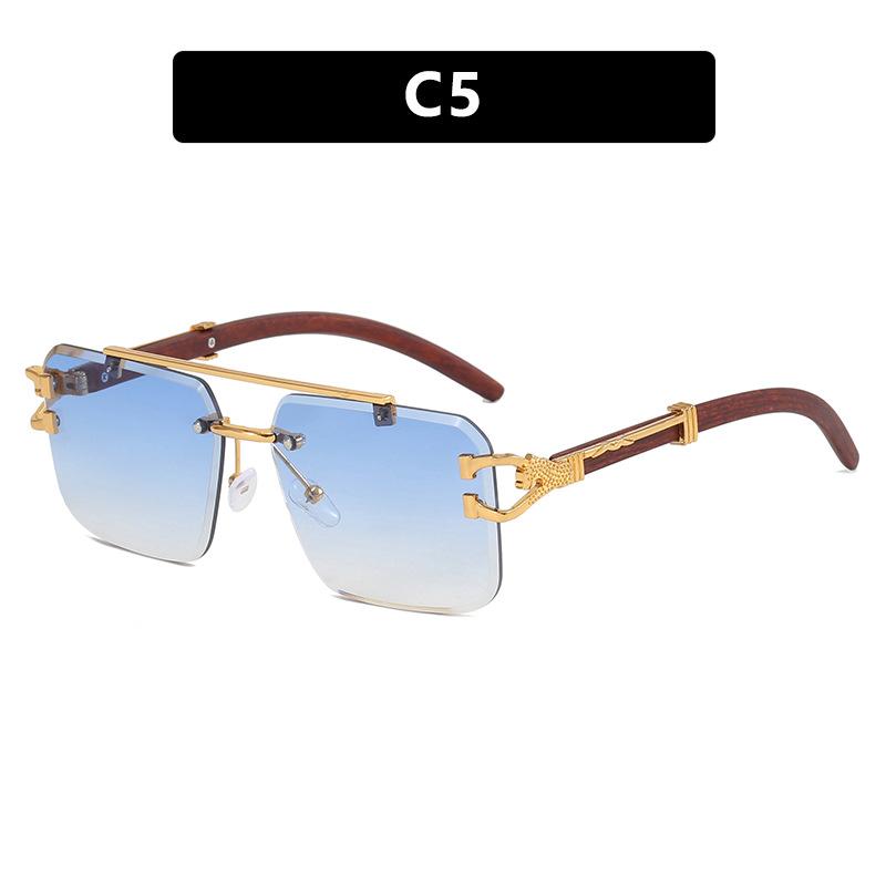 Double beam sunglasses frameless trimmed square sunglasses new European and American fashion leopard tide sunglasses wood grain