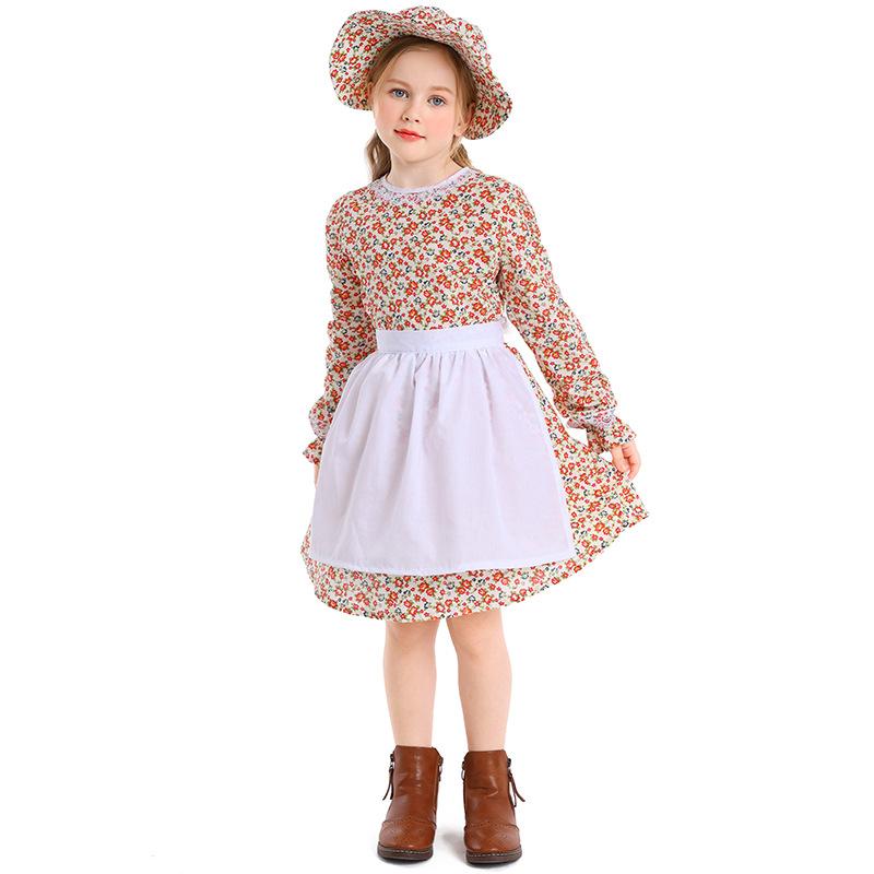 Kinder Mädchen Drama Pastorale Bauernhof Blumen Blumig Dienstmädchenkleid Weißes Schürzenhut-Set Halloween Cosplay Kostüme Rollenspiel Outfit