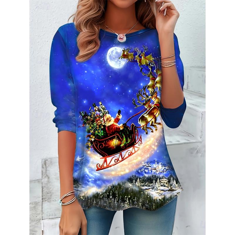 

Women s T shirt Crew Neck Long Sleeve Tunic Holiday Sweatshirt Snowman Print Color Block Red 3XL