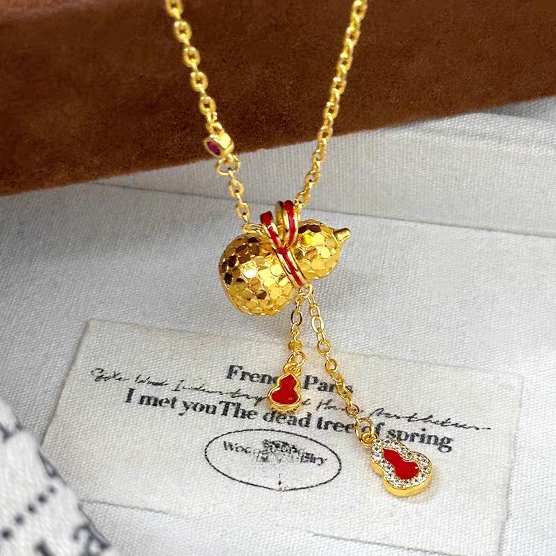 

Women s Red Zircon Gourd Pendant Clavicle Necklace with Diamond Tassels