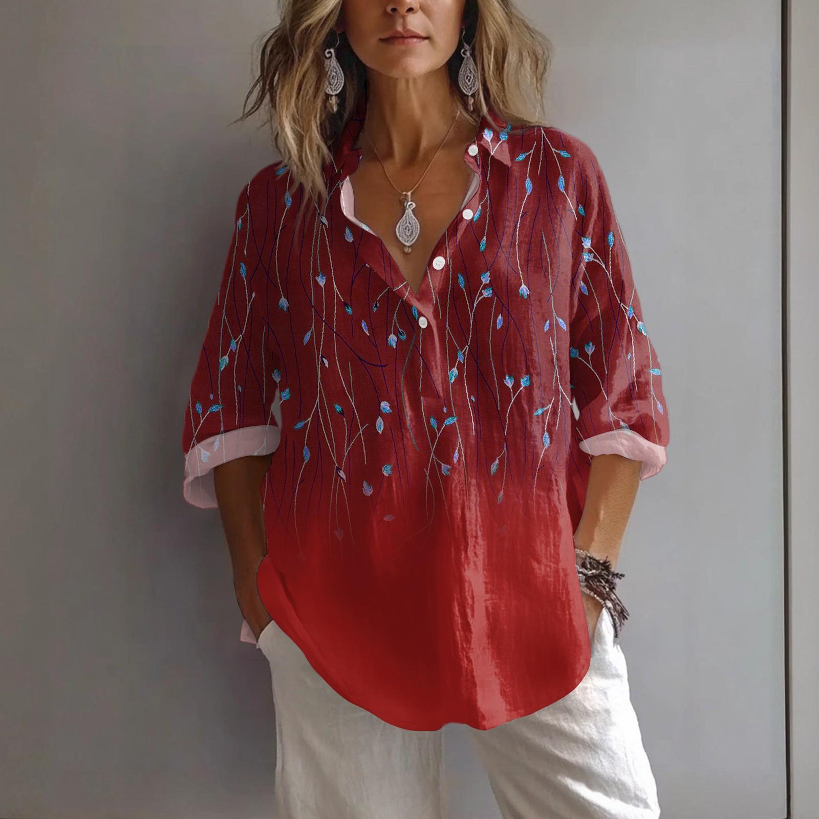 

Женская повседневная весенне-летняя свободная рубашка-пуловер с принтом, с лацканами и рукавами M красный