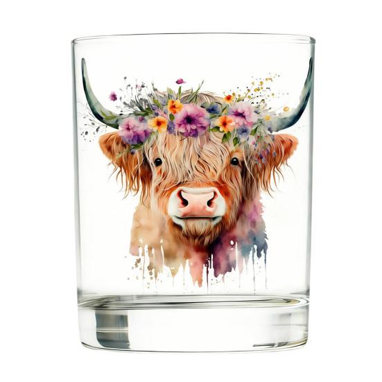 Bicchiere in Vetro Mucca delle Highlands, Bicchiere Termico Acquerello Floreale Dipinto a Mano, Tazza Trasparente per Latte Caffè Whiskey, Regalo per Amanti degli Animali
