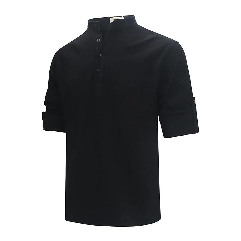 

Весна-лето Мужские рубашки поло из хлопка и льна Повседневные легкие топы с длинным рукавом и воротником-хенли Однотонные рубашки для пляжа в гавайском стиле US XL 80-90 KG чёрный