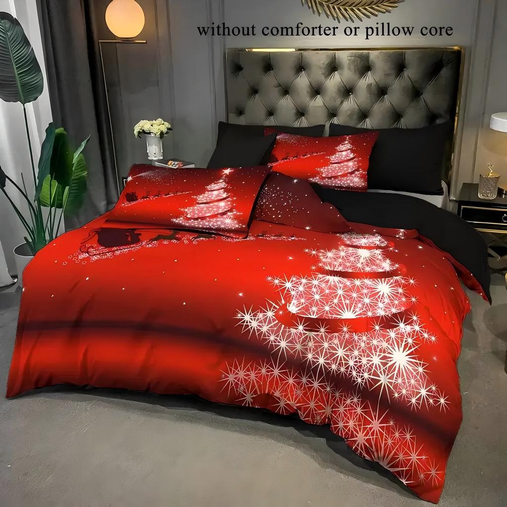 Red Deer Snow Pine Tree Pattern 3D Printed Duvet Cover Set Cartoon Christmas Theme Quilt Cover Set Soft Comfortable Bedding Set