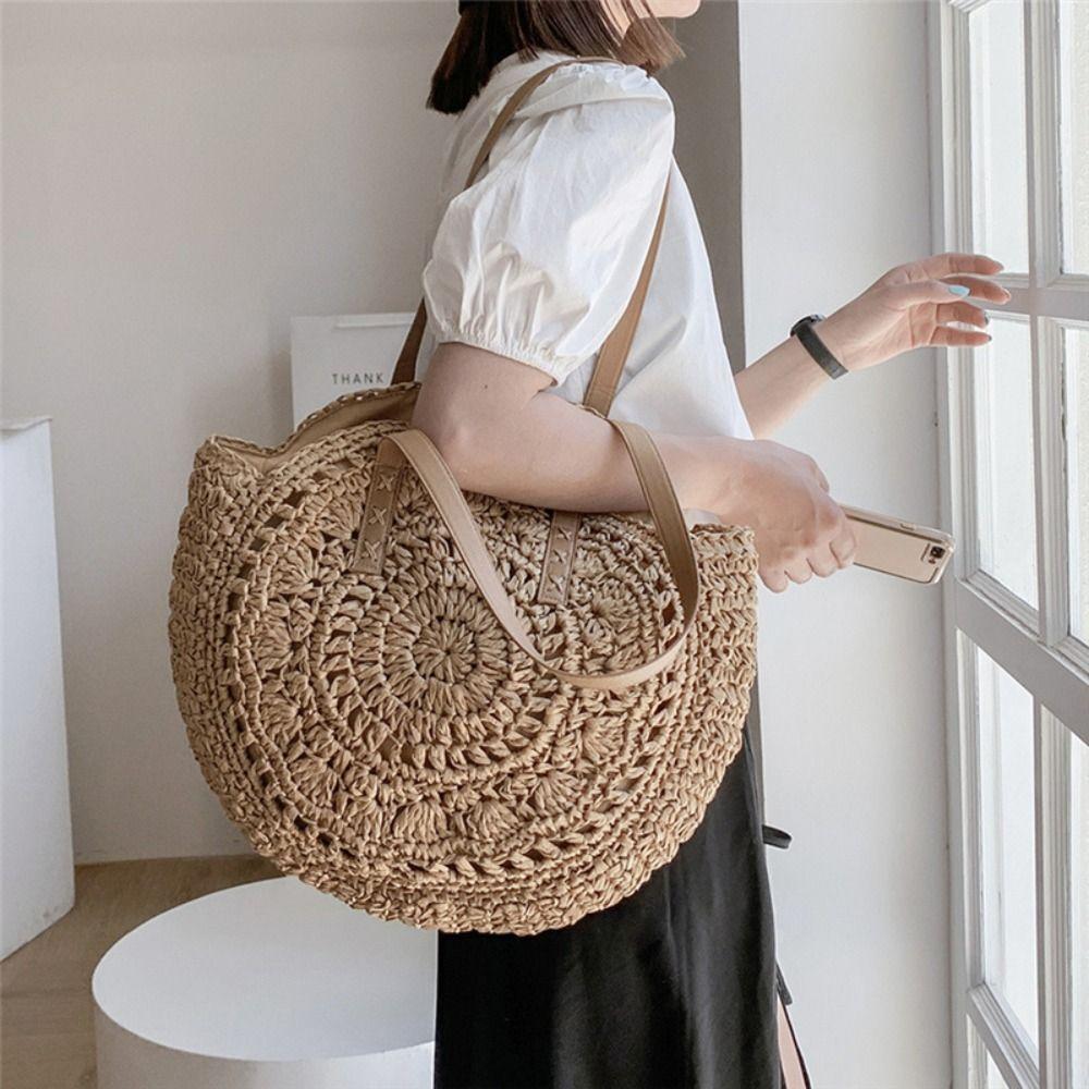 Round Straw Tote Bag Handmade Woven Shoulder Bag Trendy Straw Weave Bag  Travel