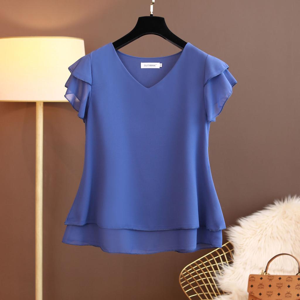 Summer Women Blouse V-Neck Chiffon Shirt Loose Female Short Sleeve Blouse Oversized Shirts Womens Tops