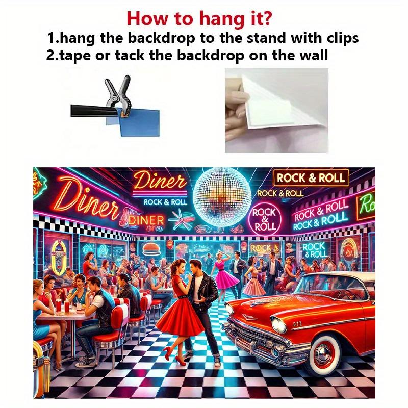 1 Vintage Restaurant Scene Photography Background - Rock Theme Vintage Car and Checkered Floor Design Rock Decoration