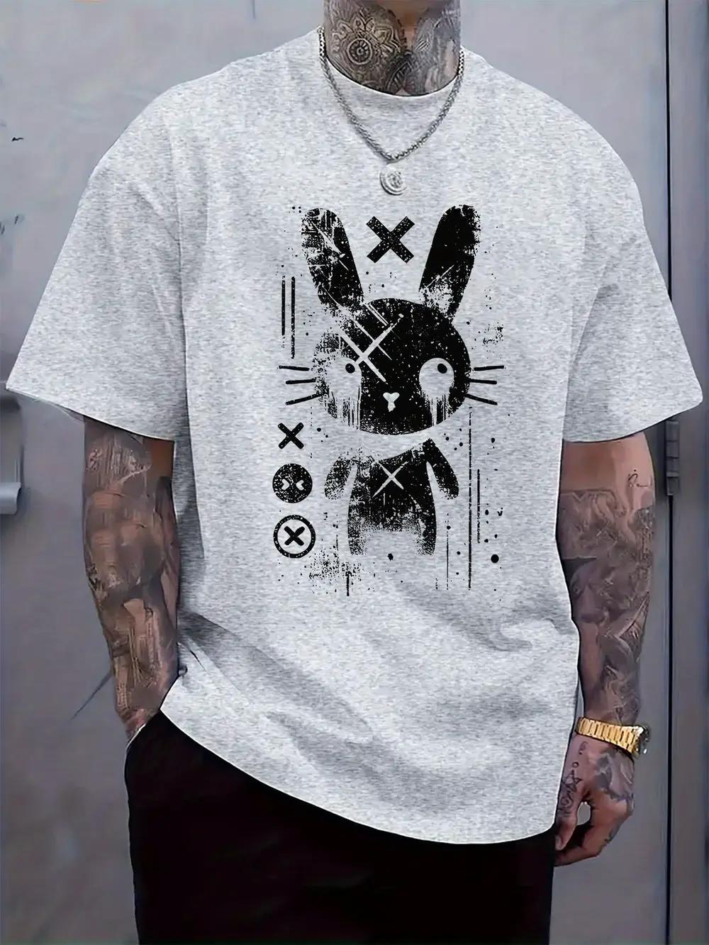Casual Short Sleeve T-shirt with Edgy Distressed Rabbit Print - Black Regular Fit Summer Tee XXXL