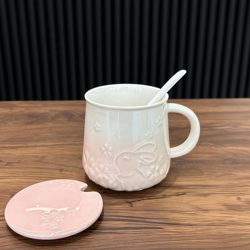 Rabbit Mug with Lid Spoon Cup for Men and Women Ceramic Drinking Water Cup Couple Cartoon High Value Large Capacity Coffee Cup