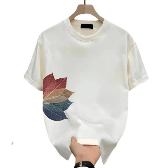 

Мужская футболка с принтом листьев, хлопковая, с круглым вырезом, с коротким рукавом, летняя, повседневная, свободная M белый