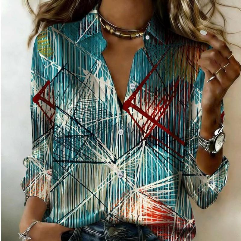 Women Satin Ethnic Abstract Feather Geometric Art Print Shirt Long Sleeve Lapel Button‑Down Blouse Trendy Casual Office Ladies Multi‑Color Top