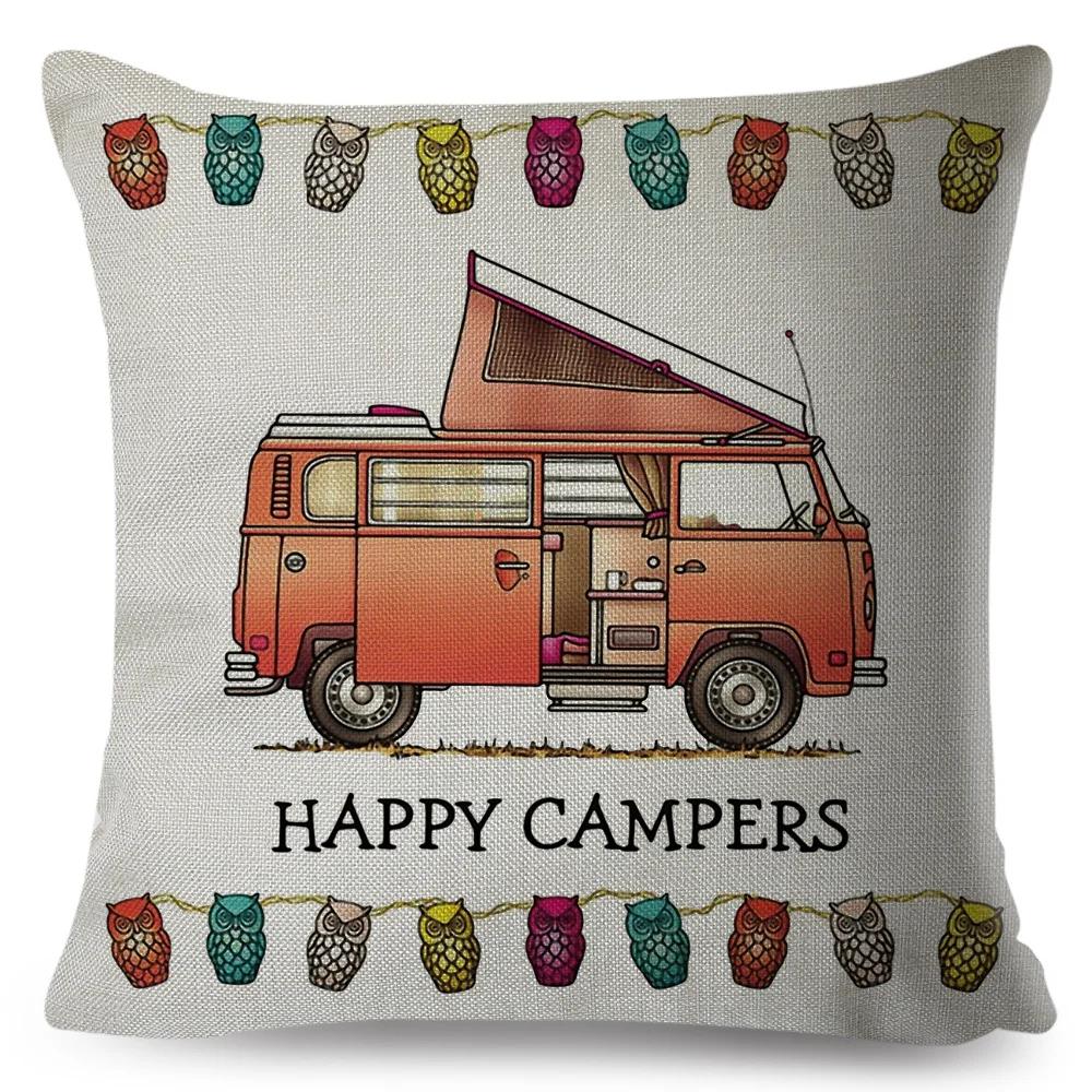 Happy Camper Pillowcase Decor Cartoon Travel Car Printed Pillow Case for Home Sofa Children Room Polyester Cushion Cover 45x45cm