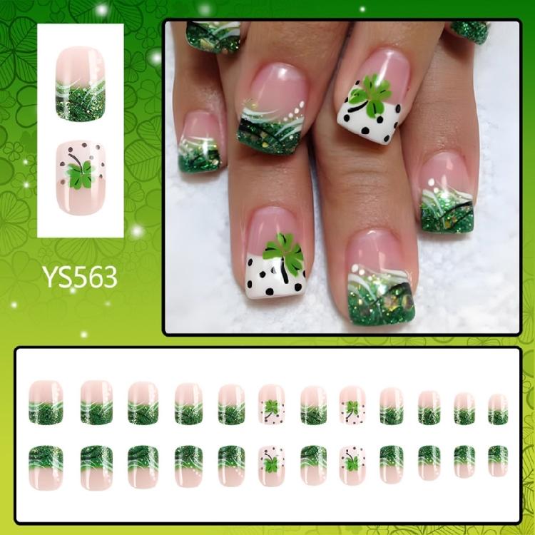 24 Pcs Glossy Stick on Nail Saint Patricks Day False Nail French Tip Press On Nail Shamrocks Artificial Nail