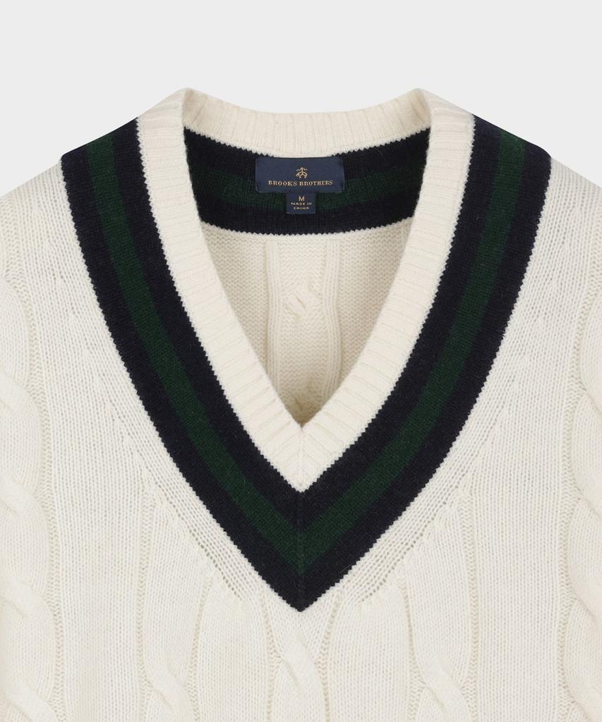 BROOKS BROTHERS Wool Tennis Cable V-Neck Sweater (Ivory) (Bbwnmff402)