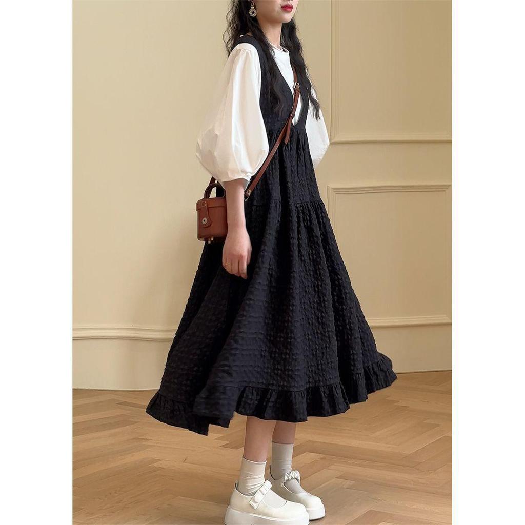 Retro Japanese V-Neck Strap Dress: Women's Korean Style, Loose Slimming, Plus Size Maternity Summer Fashion