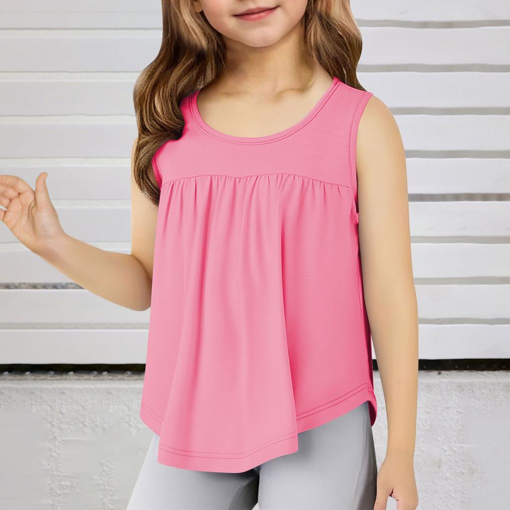 Children's Round Neck Casual Solid Color Sleeveless Pleated T-shirt Top