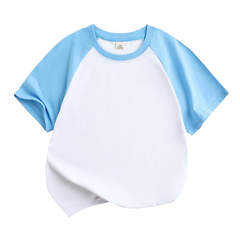 Summer Cotton Raglan Color Block Kids' Round Neck T-Shirt - Solid Color, Sweat-Absorbing, Short Sleeve Uniform