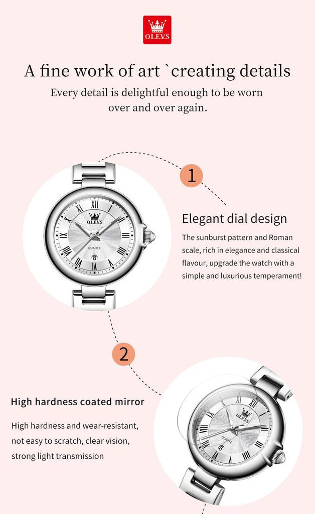 OLEVS Quartz Stainless White Women's Watch, Cute, Lightweight, Steel, Waterproof, Luminous, Gift,